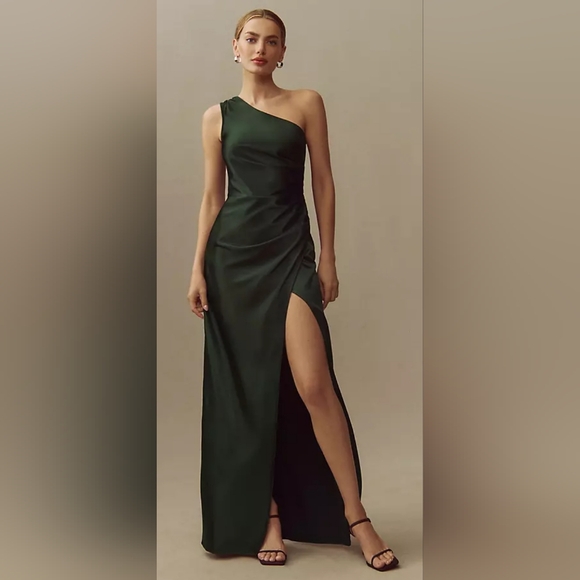 Stunning Emerald One Shoulder BHLDN Gown Size 6 - Picture 2 of 8